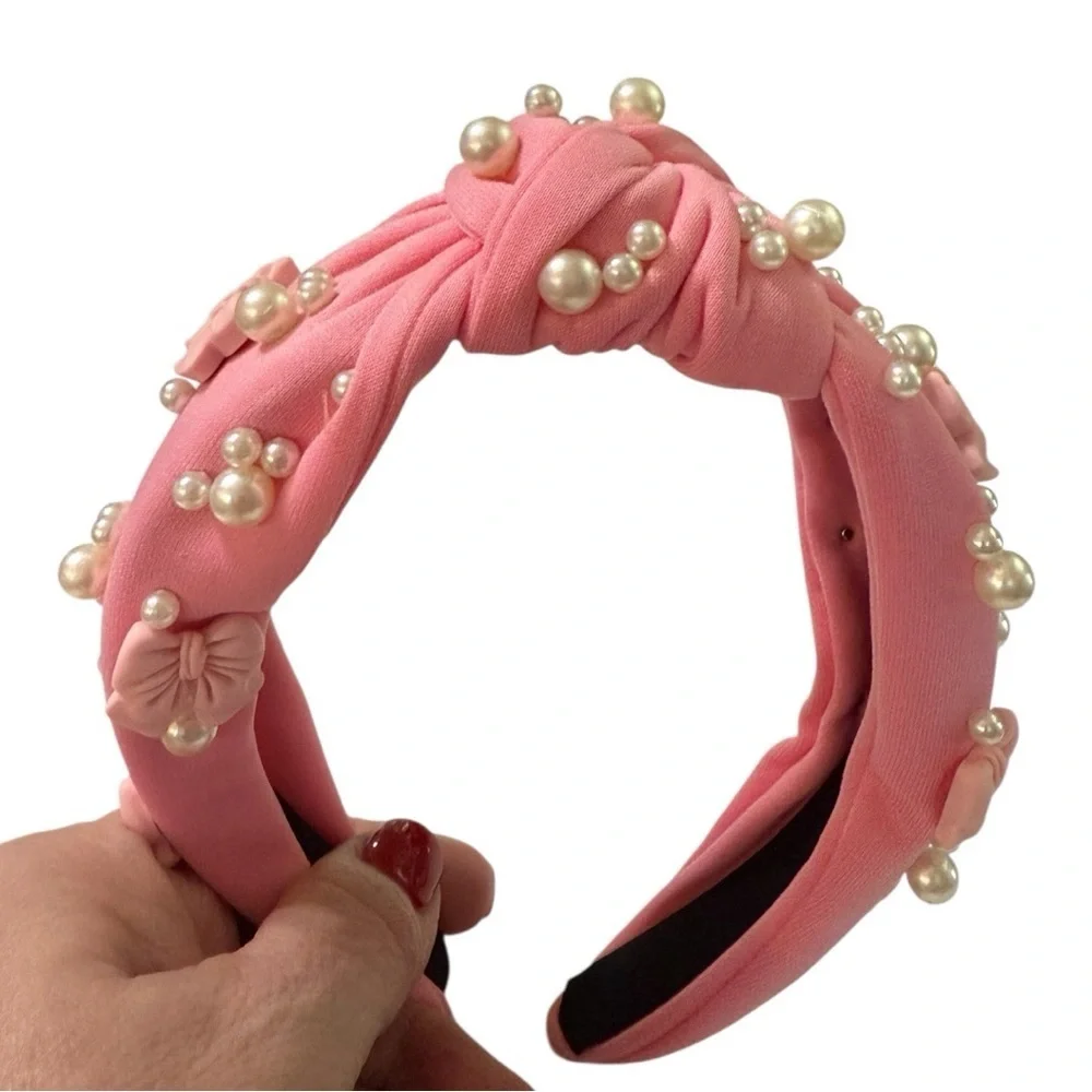 Pink Knotted Headband with Pearls and 3D Bows